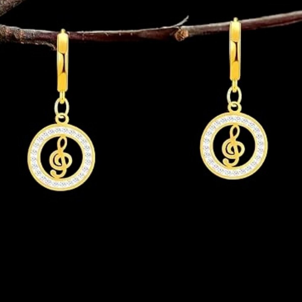 Earrings💛Cubic Zirconia Music Note Gold Plated with Alloy Hooks